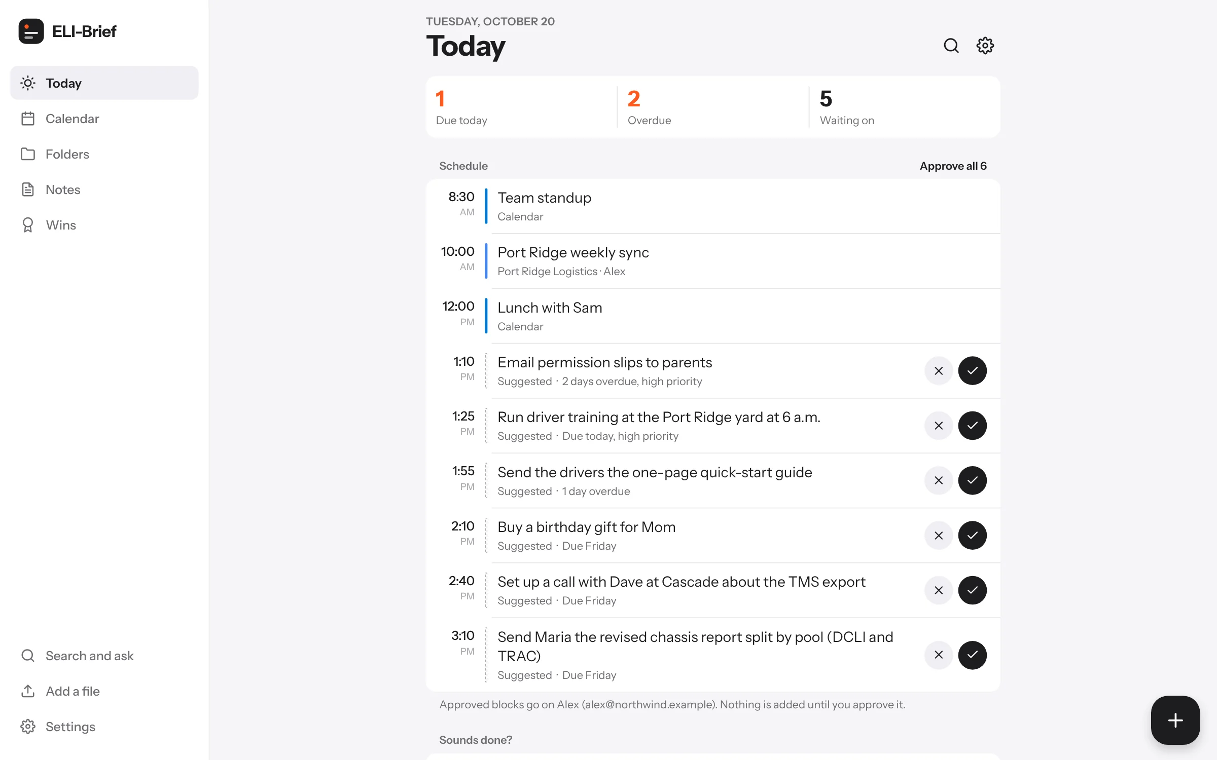 ELI-Brief in a web browser: today's schedule merged from several calendars, suggested times for to-dos waiting for approval, and items that sound done