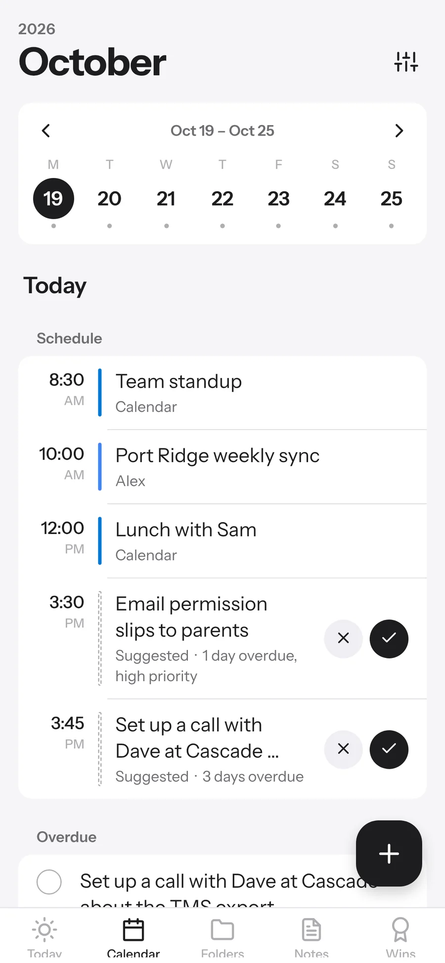 ELI-Brief's calendar: one week across connected calendars, with suggested times for to-dos to approve or skip
