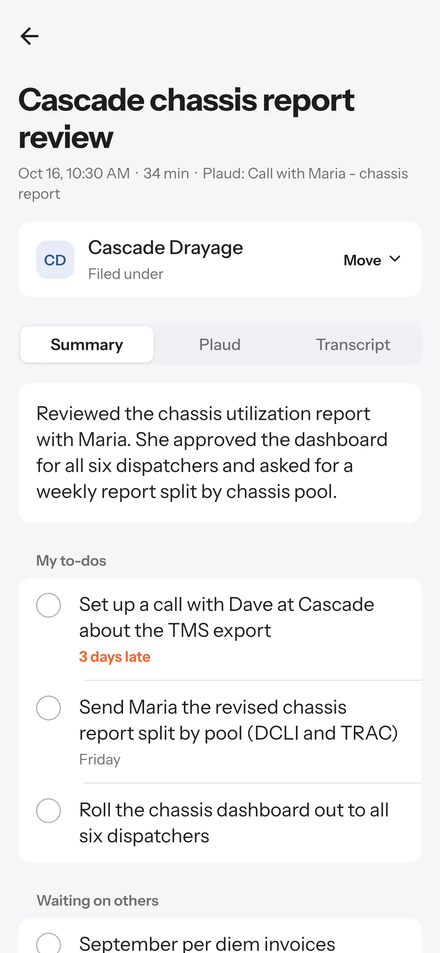 A meeting note in ELI-Brief: summary, filed under a folder with a Move button, and the to-dos it produced