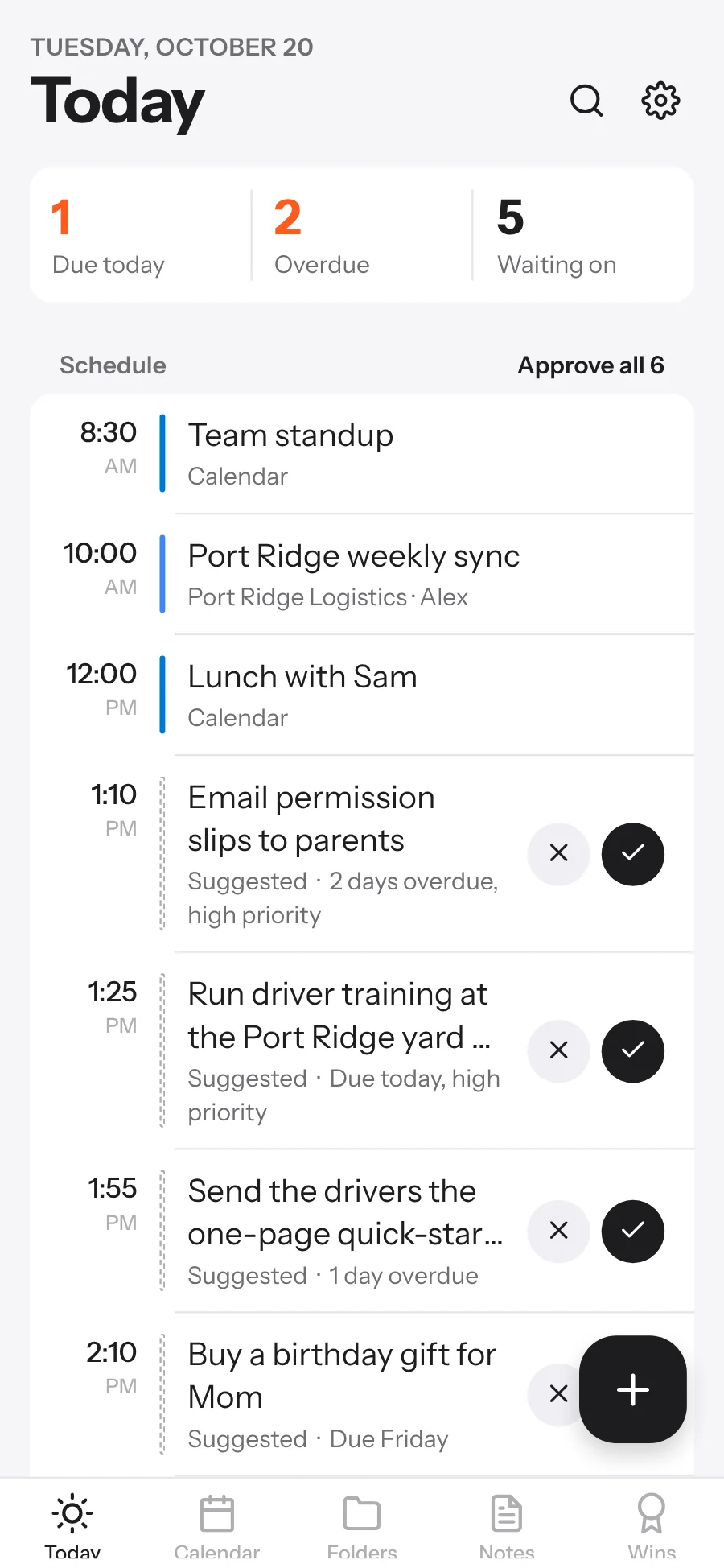 ELI-Brief on iPhone: the Today screen with due, overdue and waiting-on counts and the day's schedule