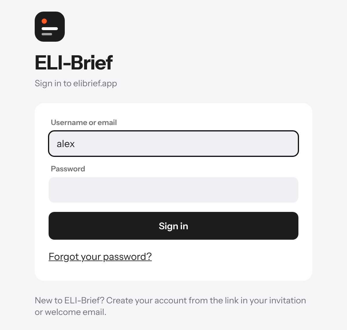 Signing in to ELI-Brief in a web browser: username or email, password, then a code