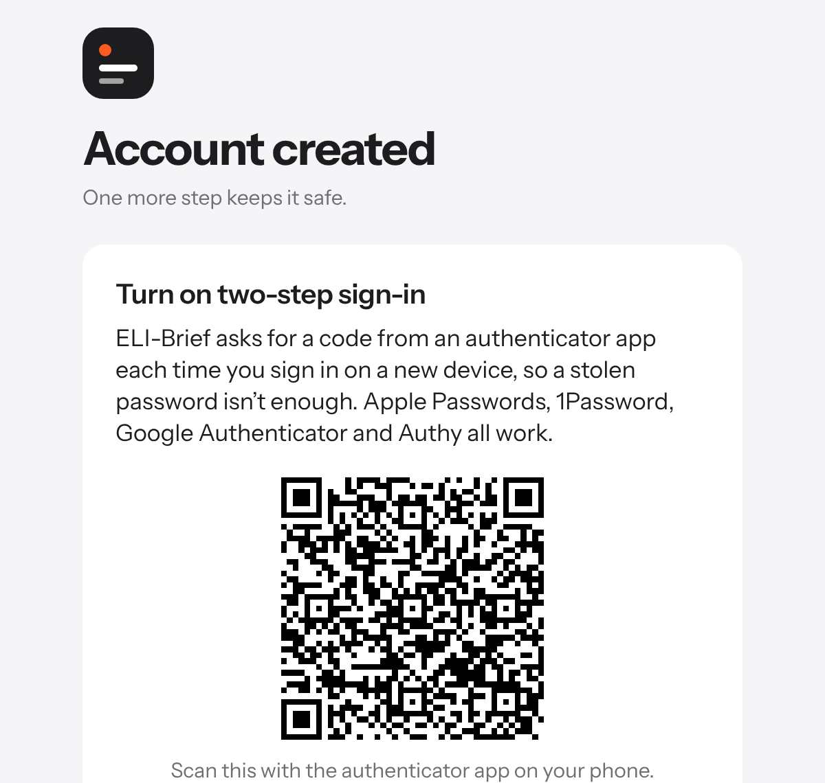 Turning on two-step sign-in in ELI-Brief: scan a code with your authenticator app